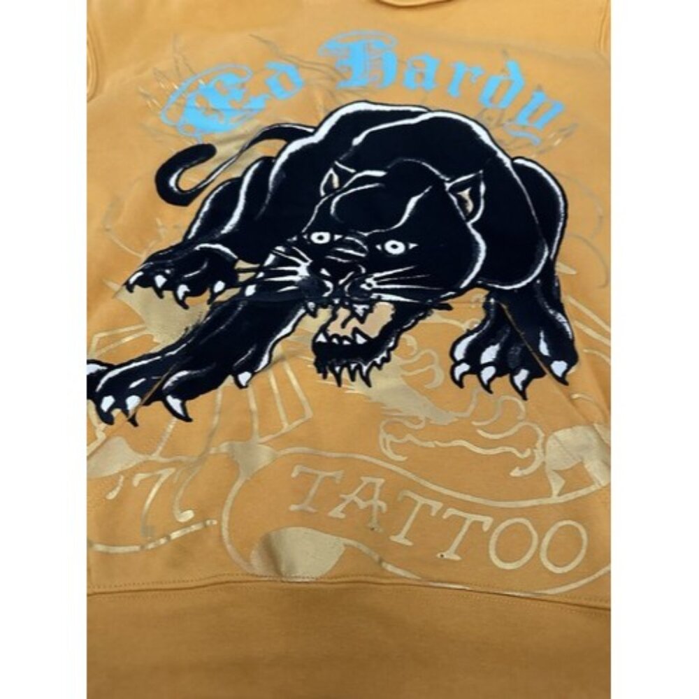 Ed Hardy Mens Yellow Black Panthers Graphic Print Hoodie Size XL Pockets - Picture 6 of 15